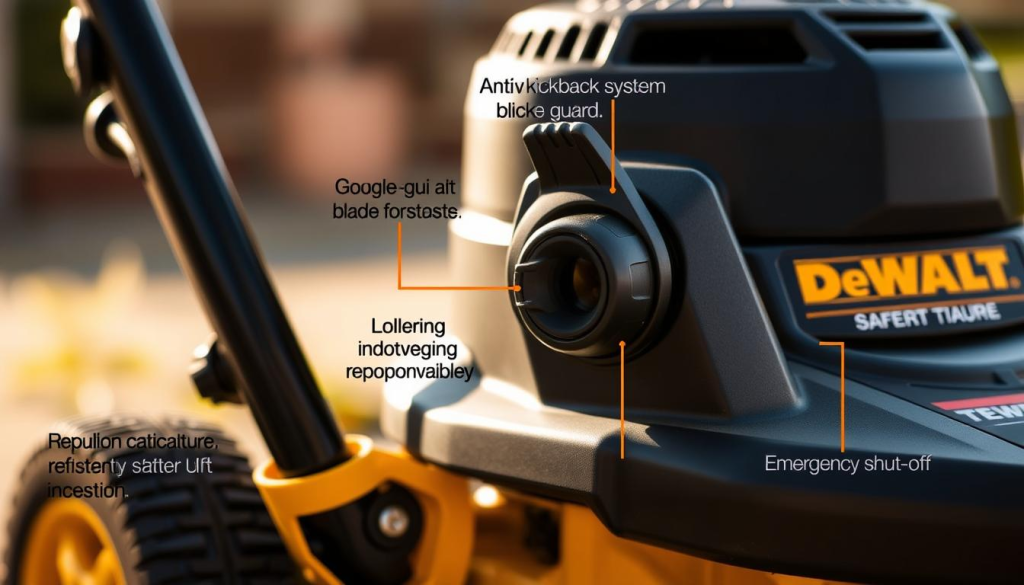 Detailed close-up view of the safety features on a DeWalt Z254 lawn mower, illuminated by warm, natural lighting. Capture the intricate design and high-quality construction of the blade guard, anti-kickback system, and emergency shut-off switch in crisp, high-resolution detail. Showcase the mower's sturdy, ergonomic handle and sturdy, durable frame from a low, three-quarter angle to emphasize its rugged reliability. Convey a sense of precision, safety, and dependability through the composition and rendering.