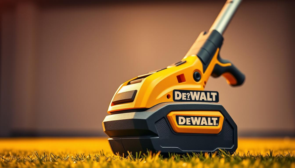 Detailed closeup of a DEWALT cordless yard trimmer, positioned prominently in the foreground with a clean, well-lit studio setup. The trimmer has a sleek, modern design with the iconic DEWALT branding, brushless motor, and adjustable cutting head. The background is blurred, emphasizing the trimmer's advanced engineering and premium quality. Warm, directional lighting accentuates the trimmer's contours and metallic accents, conveying a sense of power and reliability. The overall mood is one of precision, efficiency, and the professional-grade performance expected from a DEWALT power tool.