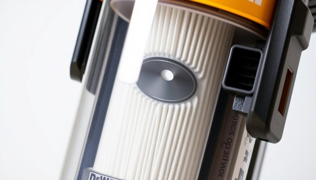 Detailed closeup of a DeWalt upright vacuum filtration system. The central focus is the clear canister housing the high-efficiency particulate air (HEPA) filter, showcasing its intricate internal structure. The surrounding components, such as the air intake vents and exhaust ports, are prominently displayed to highlight the advanced filtration technology. Bright, even lighting illuminates the system, emphasizing its robust and durable construction. The image is captured at a slight angle to provide depth and perspective, allowing the viewer to appreciate the compact yet powerful design. The overall mood conveys the strength and reliability of the DeWalt vacuum's filtration capabilities.
