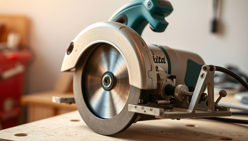 Detailed closeup of a Makita hand-held circular saw on a workbench, with all its components clearly visible. The blade and other moving parts are exposed, highlighting the intricate mechanisms that require regular maintenance. The saw is positioned at a slight angle, with a warm natural lighting from the side, casting subtle shadows that emphasize the textures and contours of the tool. The background is a clean, uncluttered workspace, allowing the viewer to focus on the saw and the steps involved in its upkeep.