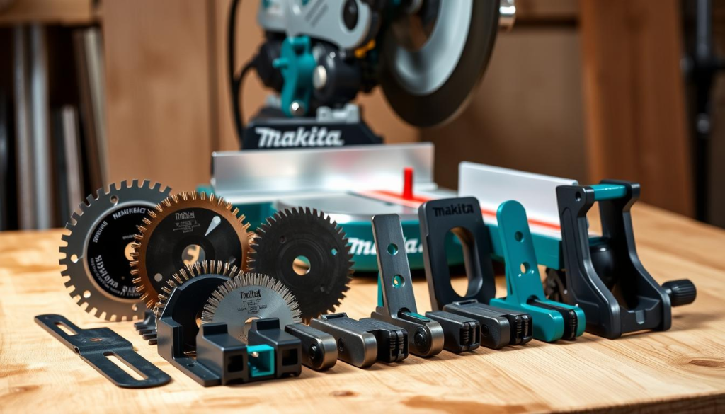Detailed closeup shot of Makita LS1013 miter saw accessories, arranged neatly on a wooden workbench. The foreground features a variety of blades, guides, and clamps in precise alignment. In the middle ground, the miter saw base is visible, showcasing its sturdy construction and intuitive controls. Soft, directional lighting from the side accentuates the textures and materials, creating a professional, well-organized atmosphere. The background is blurred, placing the focus entirely on the accessories and their practical applications for the powerful LS1013 miter saw.