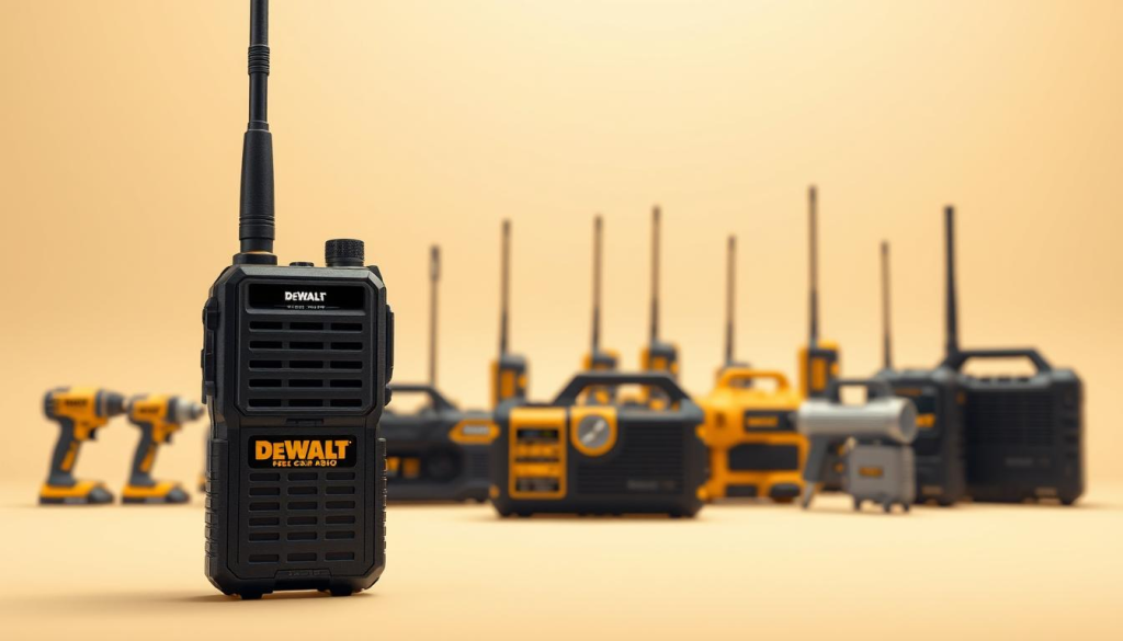 Detailed comparison of DEWALT radio pricing with other leading brands, showcased in a crisp, photorealistic scene. In the foreground, a meticulously rendered DEWALT radio stands out, its sturdy build and sleek design prominently displayed. In the middle ground, an array of competing models from various manufacturers is neatly arranged, allowing for side-by-side evaluation of features and costs. The background features a minimalist, well-lit studio setting, emphasizing the products and their relative pricing. Warm, neutral tones and soft shadows create a professional, informative atmosphere, inviting the viewer to explore the nuances of the DEWALT radio's value proposition.