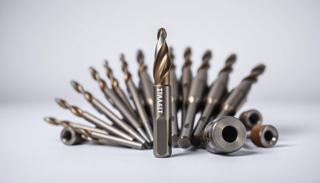 Detailed comparison of DeWalt 012A drill bit with other sizes, captured in a well-lit and high-resolution studio setup. The bits are arranged in a visually appealing fan layout, showcasing their distinctive shapes, lengths, and diameters. The foreground features the 012A bit prominently, with the surrounding bits slightly out of focus to draw the eye. The background is a clean, minimalist surface that allows the hardware to stand out. Soft, directional lighting accentuates the metallic textures and reflections, creating a professional, technical atmosphere. The camera angle is slightly elevated to provide an optimal viewing perspective for the comparison.