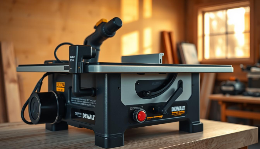 Detailed dewalt table saw on a clean, well-lit wooden workbench. The saw is in focus, with a crisp, high-resolution rendering showcasing its sturdy construction and premium design. Warm, natural lighting casts subtle shadows, highlighting the table saw's sleek lines and metallic accents. The background is minimalist, allowing the tool to be the central focus. The overall mood is one of professional, high-quality craftsmanship, reflecting the reliability and durability of the DEWALT brand.