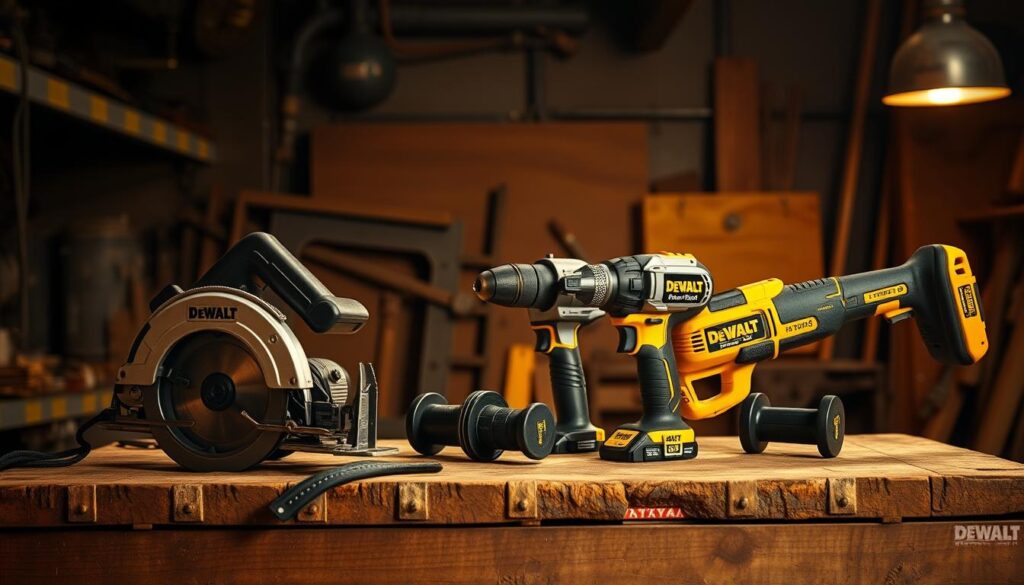 Detailed, high-quality image of a collection of classic American-made DeWalt power tools, including a circular saw, a hammer drill, and a reciprocating saw, arranged on a rugged wooden workbench against a backdrop of a dimly lit, industrial workshop. Warm, golden lighting casts dramatic shadows, highlighting the tools' sturdy, professional-grade construction. The scene conveys a sense of reliability, craftsmanship, and the enduring legacy of DeWalt's American manufacturing heritage.