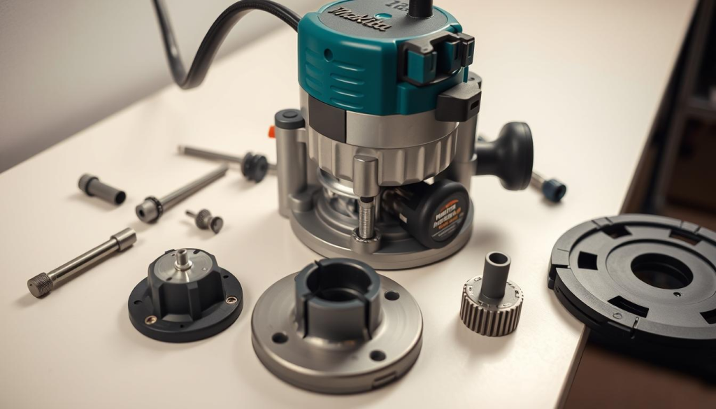 Detailed image of a Makita router with its components laid out on a clean, well-lit workbench. The router is disassembled, showcasing its internal mechanisms and parts, such as the collet, motor, and base. The lighting is soft and diffused, creating a professional, instructional atmosphere. The camera angle is slightly elevated, providing a clear, unobstructed view of the router's intricate design. The background is neutral, allowing the router and its components to be the focal point. The overall composition highlights the Makita router's maintenance and servicing, conveying a sense of technical expertise and attention to detail.