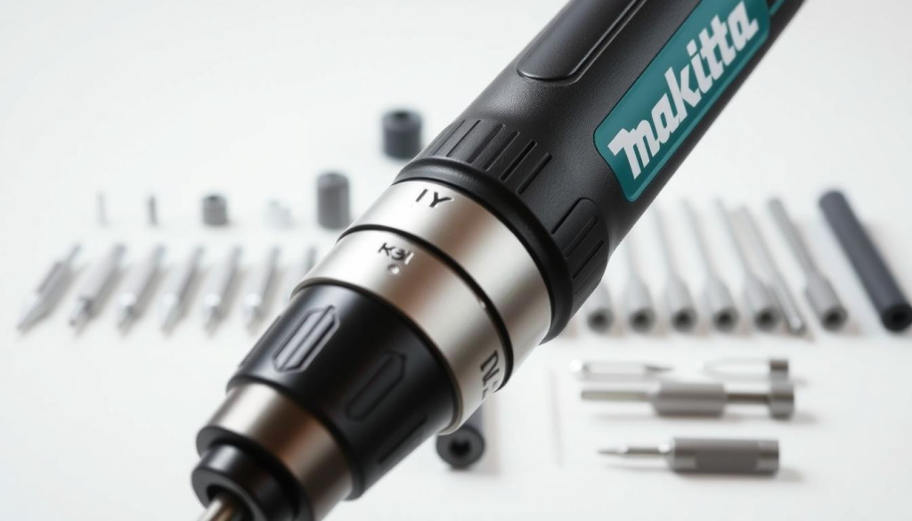 Detailed image of a Makita screwdriver showcasing its key features. The screwdriver is positioned in the foreground, illuminated by soft, natural lighting to highlight its sleek, metallic design. The middle ground showcases the various attachments, bits, and accessories that can be used with the screwdriver, emphasizing its versatility. The background is clean and uncluttered, allowing the subject to be the focal point. The image conveys the power, precision, and high-quality craftsmanship that define the Makita brand, making it an ideal visual aid for the "How to Select the Right Makita Screwdriver" section of the article.