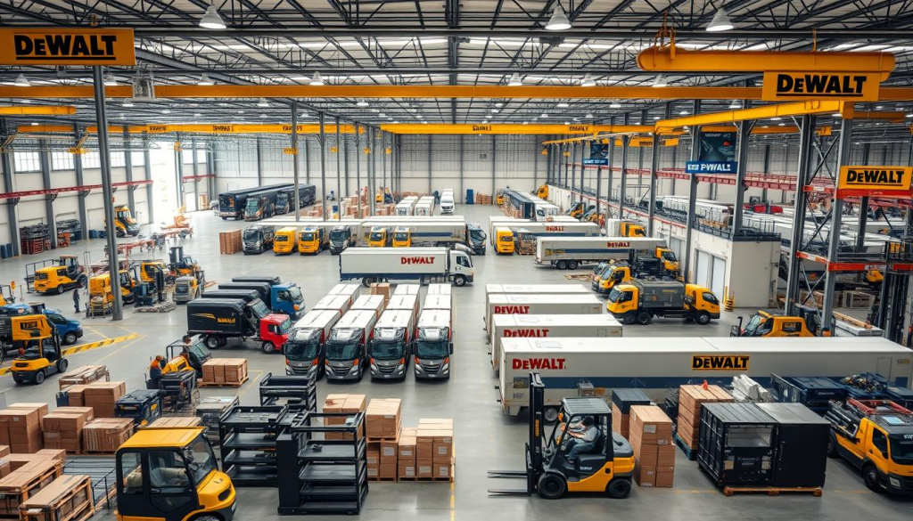 Detailed industrial facility with DEWALT branding and signage, showcasing their manufacturing and supply chain operations. Vast warehouse and production areas filled with machinery, tools, and workers. Forklifts moving pallets, conveyor belts, and shipping containers in the foreground. In the middle ground, logistics and distribution centers with DEWALT trucks and delivery vans. Vast open-plan layout with high ceilings, natural lighting filtering in, and a clean, organized atmosphere. Convey a sense of efficiency, precision, and DEWALT's commitment to quality craftsmanship.