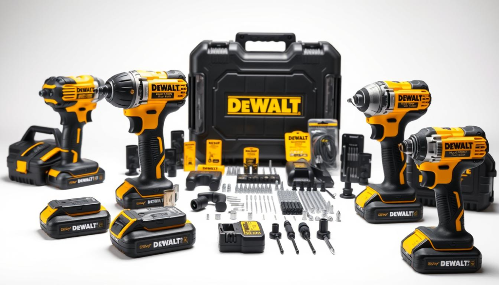 Detailed product shot of DEWALT impact driver kits, showcased against a clean white background. The kits are prominently displayed in the foreground, highlighting their sleek black and yellow design, with textured metal bodies and high-performance brushless motors. The middle ground features various attachments, bits, and accessories, neatly organized to demonstrate the versatility of the kits. The background is softly lit, creating a sense of depth and emphasizing the premium quality of the DEWALT brand. The overall composition conveys the power, durability, and comprehensive nature of these professional-grade impact driver solutions.