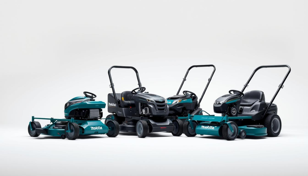 Detailed product shots of the top Makita mower models, captured in a clean, well-lit studio setting. The mowers are positioned prominently in the foreground, showcasing their sleek designs, durable construction, and high-quality components. The middle ground features a plain white background, allowing the mowers to be the focal point. Subtle highlights and shadows accentuate the contours and textures of the mowers, giving them a premium, professional appearance. The overall mood is one of sophistication and technical precision, reflecting the engineering excellence of the Makita brand.