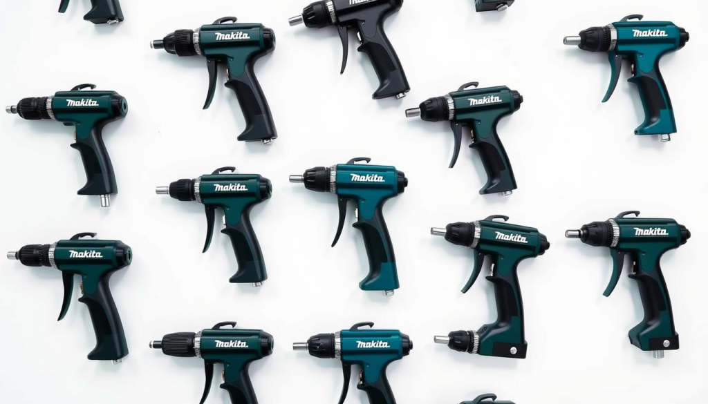 Detailed product showcase of a Makita grease gun selection, displayed on a clean white background. Carefully arranged in a grid layout, showcasing various models with distinct features and specifications. Soft shadows and subtle highlights accentuate the sleek, professional design of each tool. The image conveys a sense of technical precision and reliable performance, aligning with the high-quality standards associated with the Makita brand. Captured with a DSLR camera using a medium-length lens, creating a balanced, professional-grade visual aid for the "How to Choose the Right Makita Grease Gun" section.