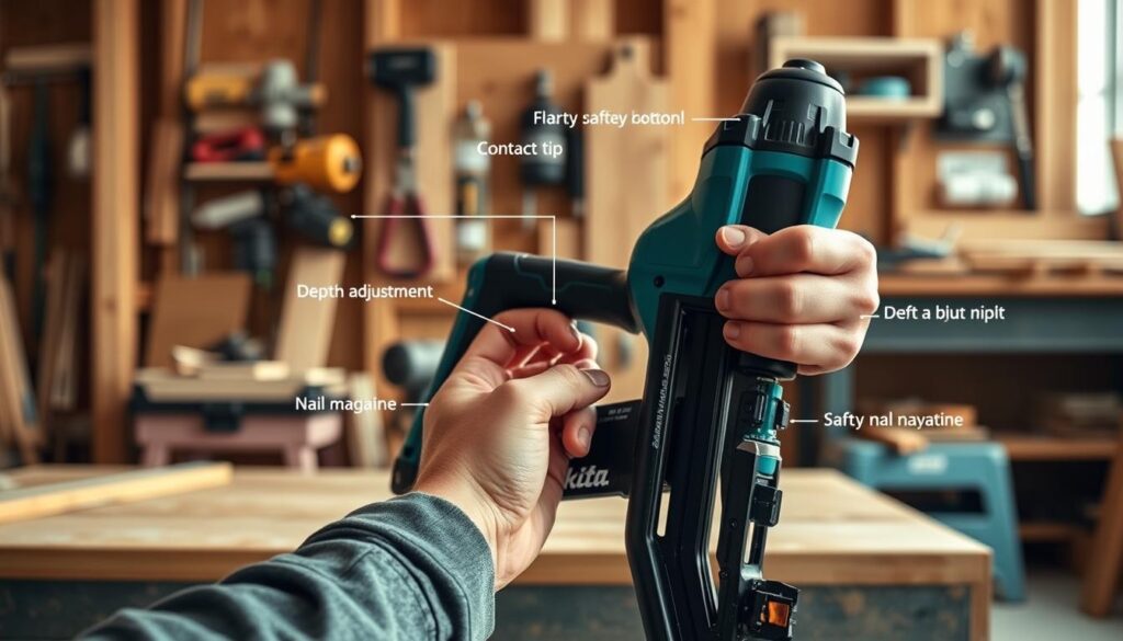 Detailed safety tips for using a framing nailer in a professional carpentry setting. Foreground shows a carpenter's hands demonstrating proper grip and trigger control on a Makita 18V cordless framing nailer. Middle ground depicts the tool's safety features like a contact tip, depth adjustment, and nail magazine. Background features a well-organized workbench with various woodworking tools and materials. Warm, natural lighting illuminates the scene, creating a focused, instructional atmosphere. Crisp, photographic realism with a slight shallow depth of field to draw the viewer's attention to the key safety elements.