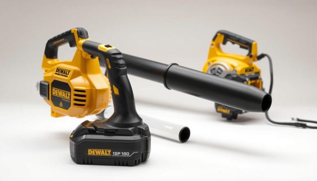 Detailed side-by-side comparison of a DEWALT cordless and corded yard blower, showcased in a well-lit studio setting. The cordless blower is prominently displayed in the foreground, with its battery pack and ergonomic design clearly visible. The corded model is positioned behind it, its power cord and air intake vent highlighted. The background features a clean, neutral backdrop, allowing the two blowers to take center stage. The lighting is soft and even, accentuating the sleek lines and metallic accents of the tools. The camera angle is at eye level, providing a clear and comprehensive view of the key features and differences between the two DEWALT yard blowers.
