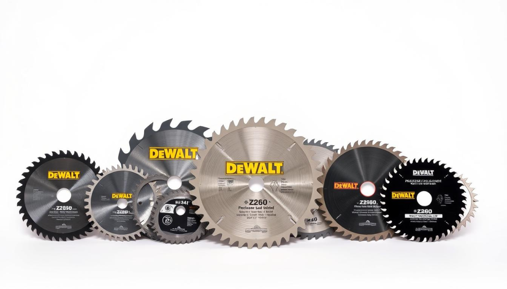 Detailed still life of an assortment of DEWALT Z260 replacement saw blades, positioned against a clean white backdrop. The blades are shown in various sizes and tooth configurations, including fine-toothed blades for precision cuts and coarse-toothed blades for aggressive ripping. Lighting is soft and diffused, accentuating the metallic sheen and sharp teeth of the blades. The camera is positioned at a slight angle, providing a clear, unobstructed view of the blades' form and function. The overall mood is one of precision, quality, and the versatility of the DEWALT Z260 blade lineup.