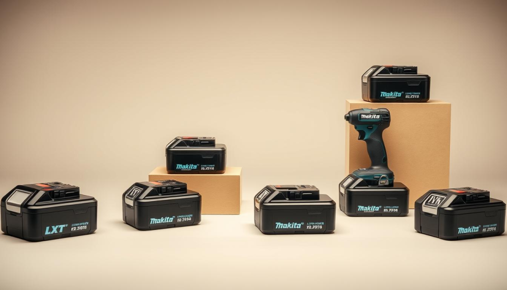Detailed still life showcasing an assortment of Makita LXT lithium-ion battery packs in various capacities, presented against a neutral background. Soft, diffused lighting highlights the sleek, modern design of the batteries, with their distinctive Makita branding and key technical specifications visible. The batteries are arranged in a visually appealing, symmetrical layout, allowing the viewer to clearly understand the range of power options available in the Makita LXT cordless tool system. The overall mood is professional, informative, and product-focused, reflecting the technical nature of the subject matter.