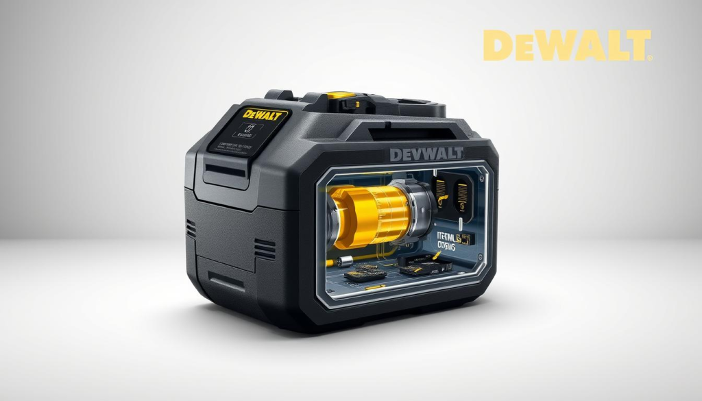 Detailed technical illustration of DeWALT's latest battery advancements, showcased in a clean, minimalist studio setting with soft, directional lighting and a simple background. The foreground features a sleek, high-resolution 3D render of a DeWALT battery pack, highlighting its advanced internal components, innovative cell design, and efficient thermal management system. The middle ground includes a cutaway view revealing the battery's complex circuitry and microprocessor controls, while the background subtly implies the battery's integration with DeWALT's broader line of cordless power tools, reflecting the company's commitment to technological progress.