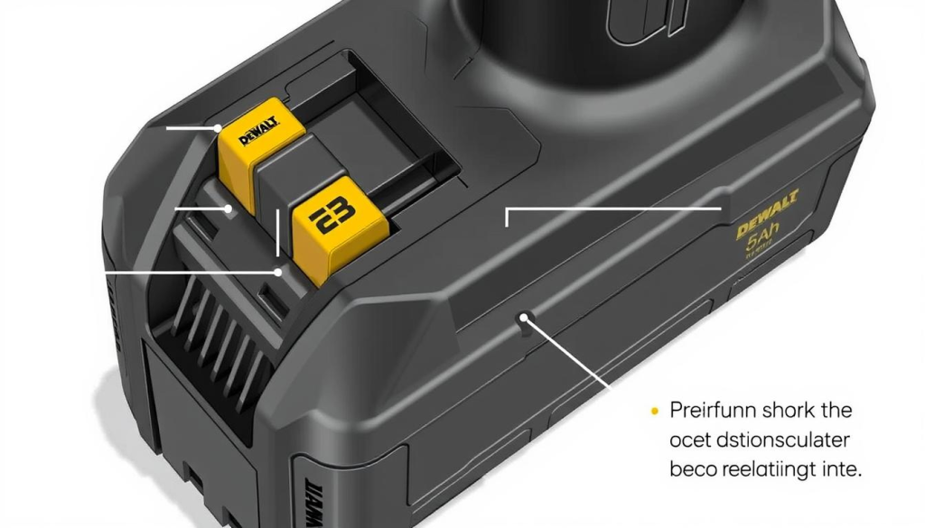 Detailed technical illustration of DeWalt 5Ah battery maintenance tips. Well-lit close-up view showcasing the battery's exterior. Prominent focus on the battery terminals, housing, and ventilation ports. Crisp, high-resolution details highlighting the robust construction and premium materials. Neutral color palette with muted tones to emphasize the engineering and functionality. Slight top-down perspective to provide a clear, unobstructed view. Clean, professional atmosphere conveying reliability and durability. Avoid distracting backgrounds or unnecessary elements, maintain a minimalist, instructional style.