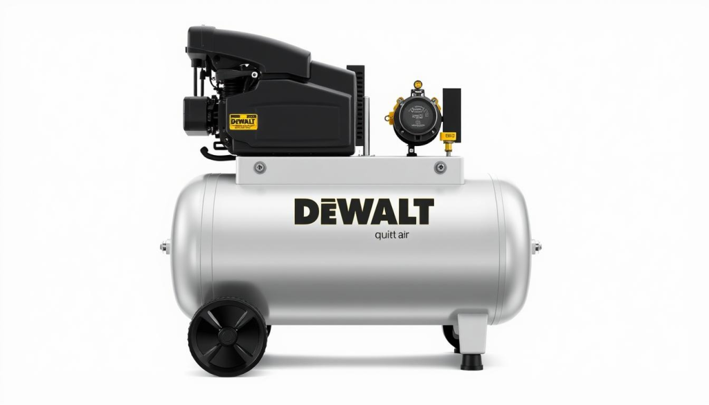 Detailed technical illustration of a DeWalt quiet air compressor, showcased against a clean white background. The compressor is depicted in high resolution, with a focus on its key components and specifications. Crisp lighting and precise angles highlight the sleek, modern design and engineering features. The overall impression is one of power, efficiency, and technological sophistication, aligning with the premium quality of the DeWalt brand. The image conveys a sense of quiet, controlled operation, reflecting the "quiet" aspect emphasized in the section title.