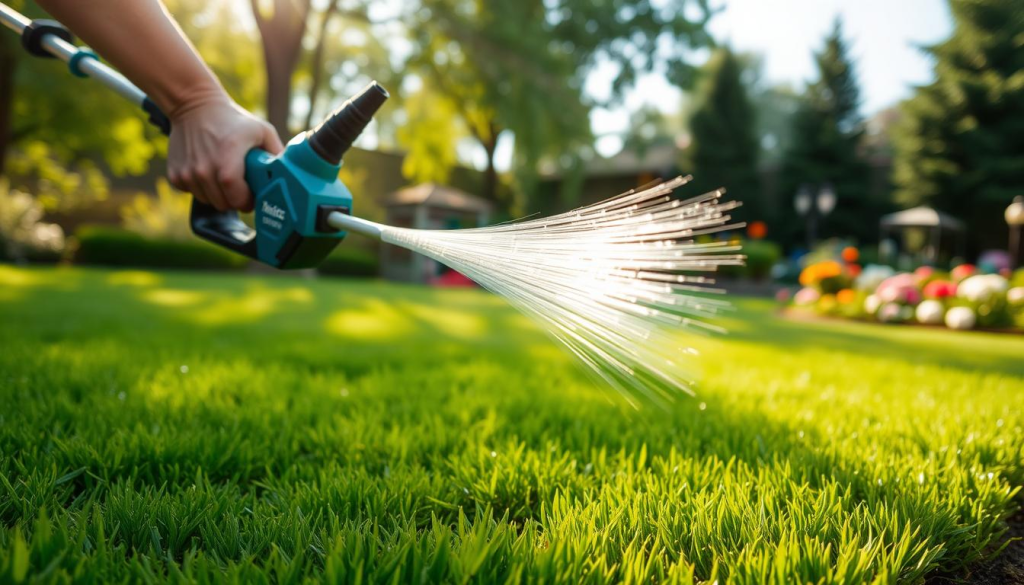Detailed view of a Makita string trimmer against a lush green lawn backdrop. The trimmer is held in a user's hands, showcasing its ergonomic design and powerful performance. Sunlight filters through the trees, casting a warm, natural glow on the scene. The trimmer's spinning nylon line effortlessly trims the grass, leaving a neat, well-manicured edge. The middle ground features an array of landscaping tools, hinting at the versatility of the Makita string trimmer. In the background, a serene garden setting with blooming flowers and a peaceful atmosphere, highlighting the trimmer's ability to tackle even the most delicate landscaping tasks with precision and ease.