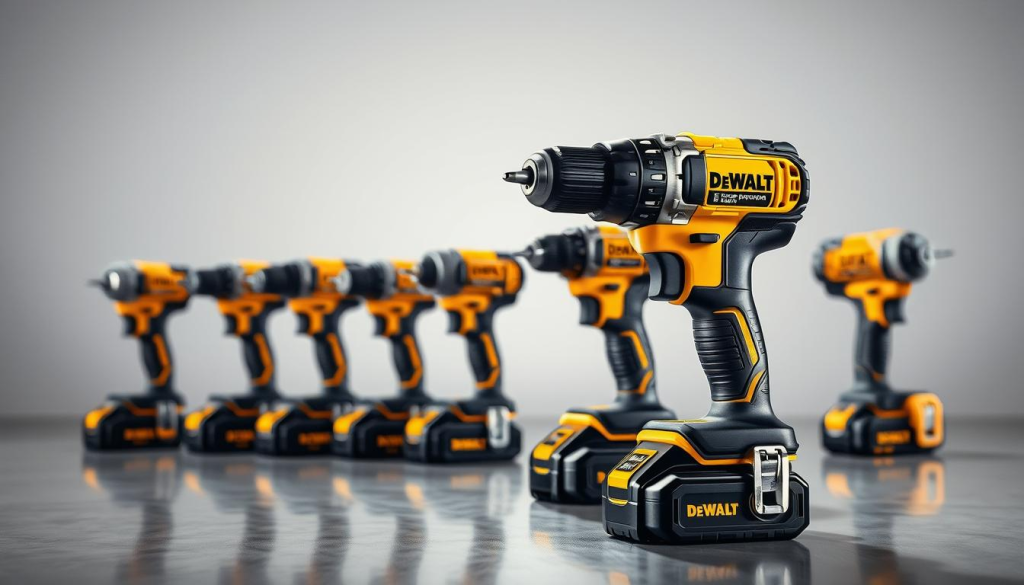 Dewalt 20v evolution, a striking display of power and innovation. In the foreground, the sleek and modern Dewalt 20v cordless drill, its brushless motor and durable construction captured in high detail. Centered in the frame, the drill's evolution is showcased, with previous generations fading into the background, creating a sense of progression and advancement. The lighting is crisp and directional, highlighting the tool's metallic accents and textured grip. The scene is set against a neutral, reflective surface, allowing the Dewalt 20v to take center stage, embodying the "Evolution Since the Launch" theme with a clean, technical aesthetic.