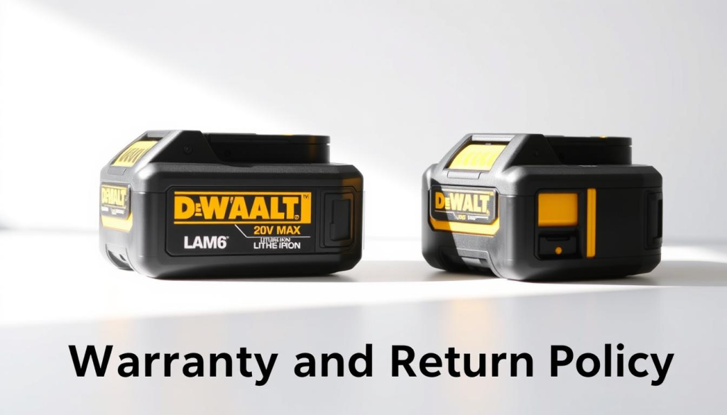 Dewalt batteries warranty: a close-up photo of two Dewalt 20V MAX* lithium-ion battery packs against a clean, white backdrop, illuminated by soft, natural light. The batteries are shown in crisp detail, emphasizing their rugged, industrial design and Dewalt branding. The composition highlights the batteries' key features, such as the power indicator lights and battery terminals, to convey the warranty and return policy information. The image has a professional, product-focused aesthetic that complements the "Warranty and Return Policy" section of the article.