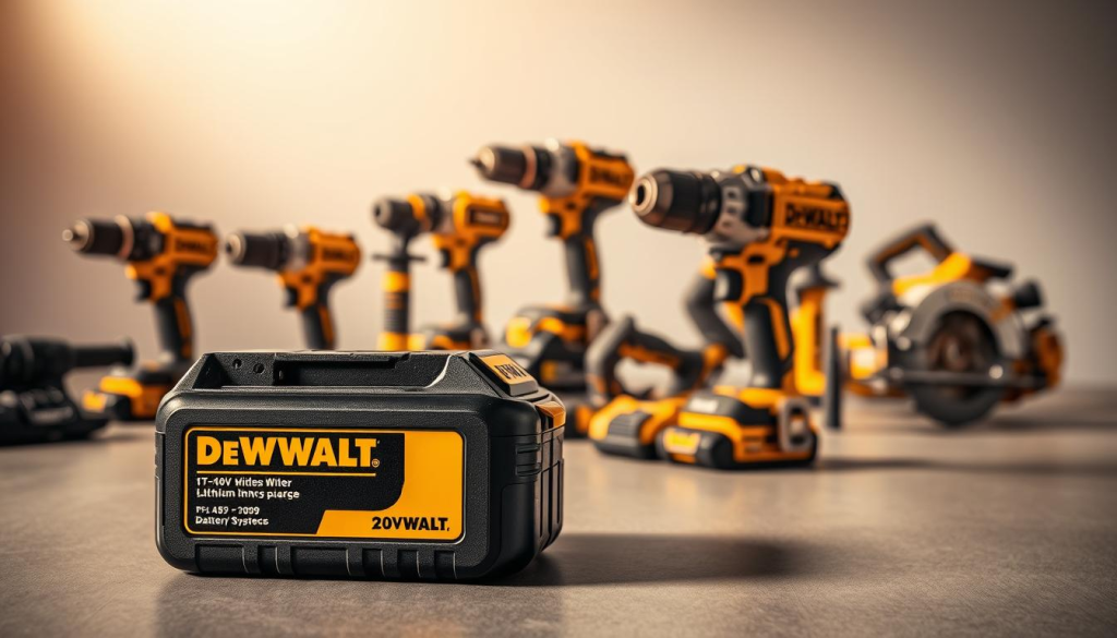 Dewalt battery systems, a vast array of rechargeable power sources, meticulously engineered to power a diverse range of Dewalt tools. In the foreground, a close-up view of a Dewalt 20V MAX* lithium-ion battery pack, its sleek casing and distinct branding prominently displayed. In the middle ground, an assortment of Dewalt tools, including a drill, impact driver, and circular saw, strategically positioned to showcase the versatility of the battery platform. The background features a clean, minimalist environment, emphasizing the technical prowess and precision engineering of the Dewalt brand. Warm, directional lighting accentuates the tools' contours, casting subtle shadows and creating a sense of depth and dimension. The overall composition conveys the reliability, performance, and interconnectivity of the Dewalt battery ecosystem.