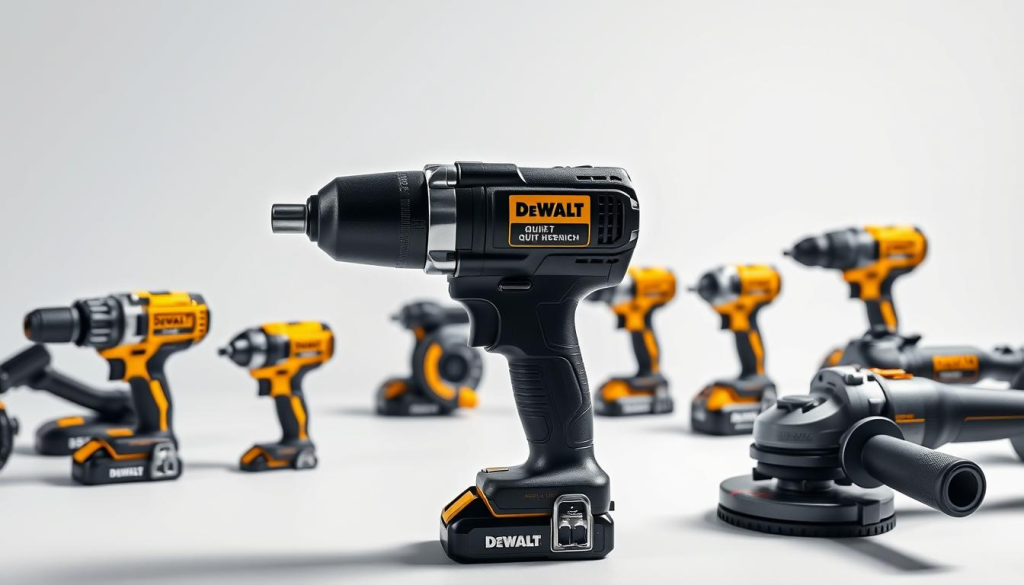 Dewalt quiet hydraulic tools, a sleek and modern array of power tools in a clean, white studio setting. Softly illuminated from above, casting subtle shadows that highlight the tools' intricate details and contours. The main focus is a cordless impact wrench, its matte black surface complemented by the gleaming chrome accents. Surrounding it, an assortment of other Dewalt hydraulic tools, including a compact impact driver and a heavy-duty grinder, all exuding a sense of precision and power. The overall atmosphere is one of professionalism and technological sophistication, conveying the tools' exceptional performance and noise-reducing capabilities.