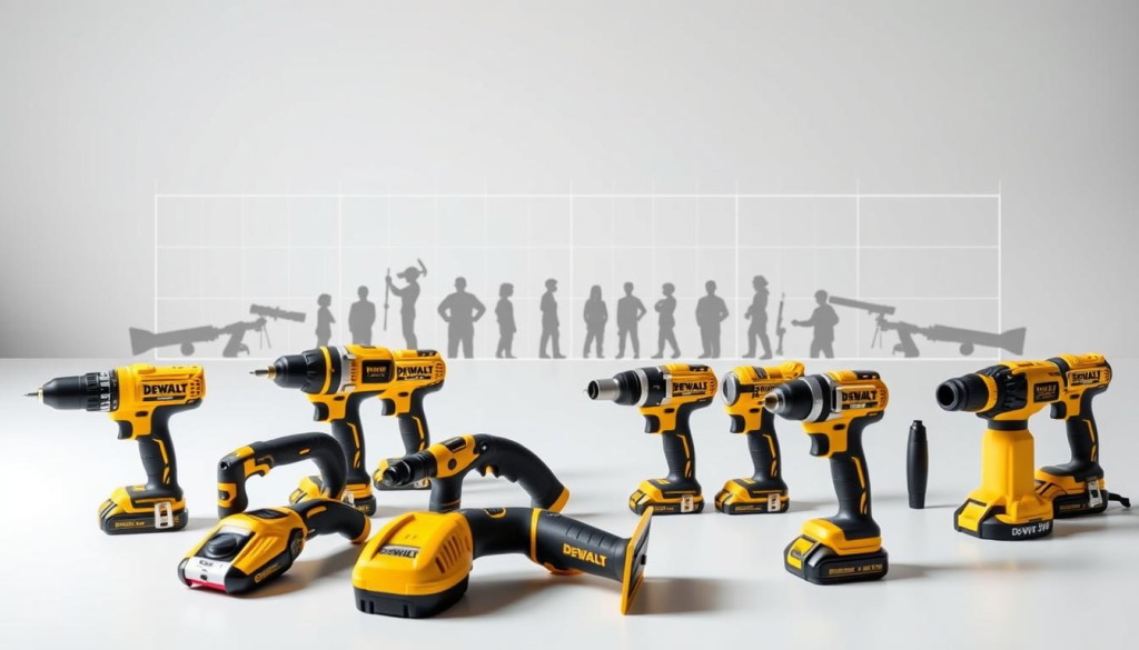 Dewalt tool comparison infographic, depicted in a clean, modern design. Foreground showcases an arrangement of Dewalt power tools, meticulously rendered with their distinctive yellow and black color scheme. Middle ground highlights detailed silhouettes of competitor tools, allowing for side-by-side comparisons. Background features a minimalist grid or graph structure, hinting at performance metrics and specifications. Soft, directional lighting casts subtle shadows, creating depth and emphasizing the tools' features. Camera angle is slightly elevated, providing an overview perspective. The overall mood is one of technical precision and brand authority, inviting the viewer to explore the Dewalt tool lineup in detail.
