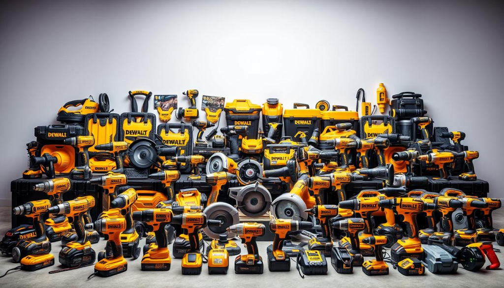 Dewalt tool options, a vibrant array of power tools and accessories arranged in a well-lit, studio-style setting. The foreground showcases a diverse selection of Dewalt cordless drills, impact drivers, and saws, their sleek designs and bold yellow accents commanding attention. In the middle ground, an assortment of Dewalt grinders, sanders, and other specialty tools are displayed, highlighting the brand's comprehensive product line. The background features a clean, minimalist backdrop, allowing the tools to take center stage and showcase their high-quality craftsmanship. The overall composition conveys a sense of professionalism, versatility, and the reliable performance associated with the Dewalt brand.
