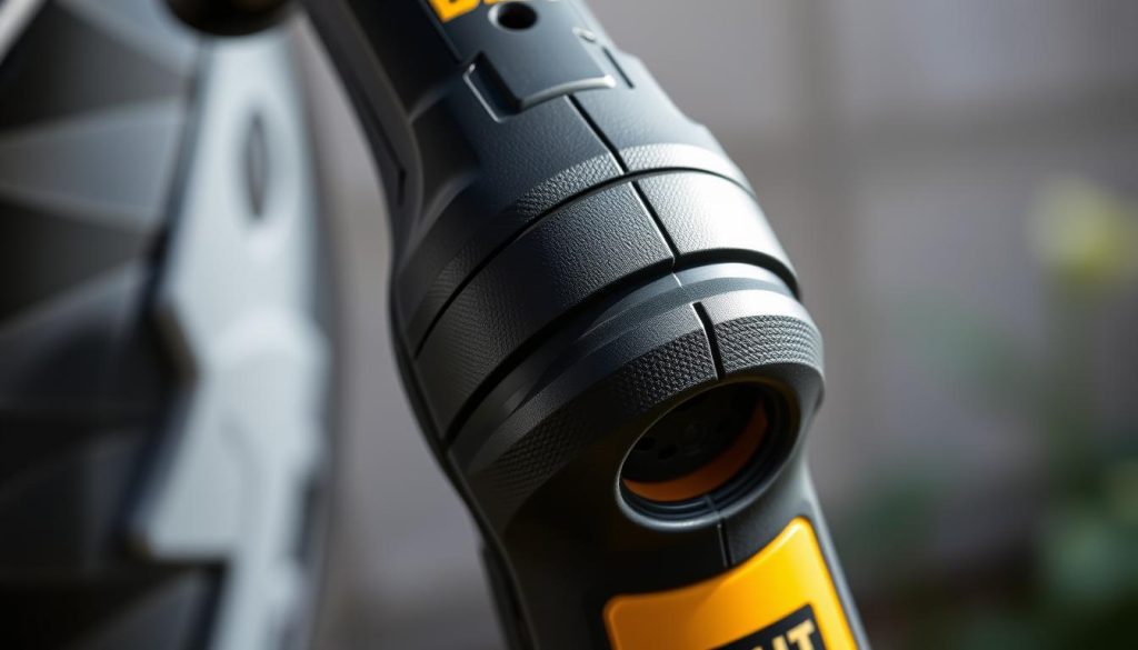 Dewalt trimmer ergonomic handle, a detailed close-up shot showcasing its sleek, modern design. Crisp lighting illuminates the contoured grip, emphasizing its ergonomic curves and textured surface for enhanced control. The handle is composed of high-quality, durable materials, conveying a sense of premium craftsmanship. The image is captured from a slightly elevated angle, allowing the viewer to appreciate the handle's ergonomic form and thoughtful engineering. The background is subtly blurred, keeping the focus on the trimmer's handle and its design elements.