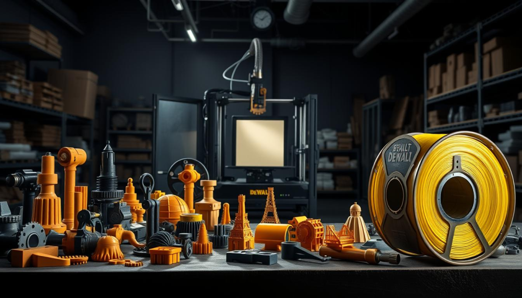 Dramatic industrial scene showcasing diverse DEWALT 3D printing filament applications. In the foreground, a vibrant yellow DEWALT filament spool rests on a sturdy workbench, surrounded by an array of 3D printed objects - from sturdy tools and machine parts to intricate architectural models. The middle ground features a state-of-the-art 3D printer in action, its robotic arm precisely depositing layer upon layer of the bold yellow filament. In the background, a dimly lit workshop space is filled with shelves of raw materials, specialized equipment, and a sense of focused productivity. Dramatic side lighting casts dramatic shadows, emphasizing the industrial setting and the versatility of the DEWALT filament.