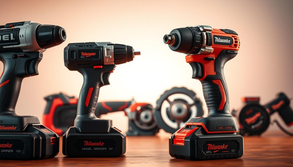 Durable cordless power tools, their rugged exteriors gleaming under a warm, directional light. In the foreground, a powerful impact driver and a heavy-duty drill, their battery packs firmly attached, conveying a sense of relentless performance. In the middle ground, a brushless angle grinder and a reciprocating saw, their sleek designs hinting at the precision and control they offer. The background fades into a clean, minimalist setting, emphasizing the tools' robustness and reliability. The overall atmosphere exudes a sense of unwavering strength and durability, perfectly suited for the "Durability and Reliability" section of the article.