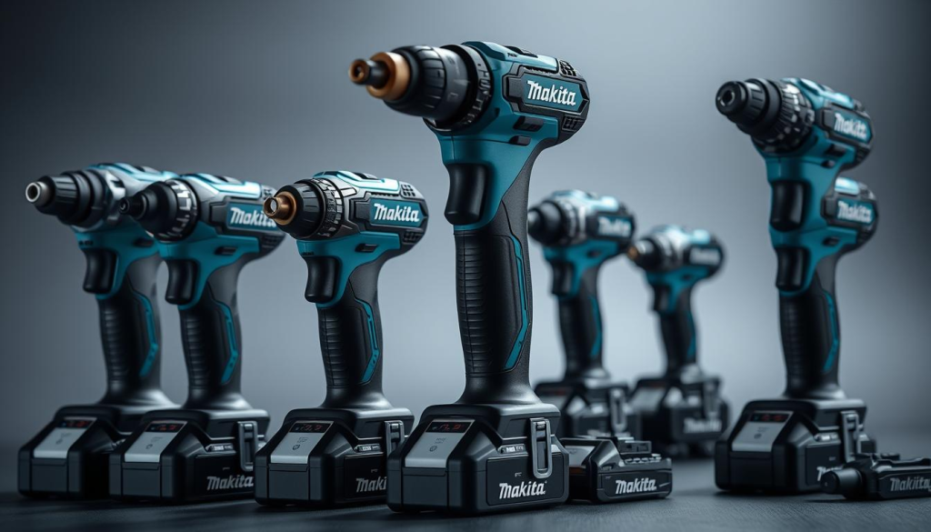 Elegant display of Makita electric screwdrivers, showcasing a variety of models in a well-lit studio setting. Crisp, high-resolution close-ups of the tools, emphasizing their sleek design, ergonomic grips, and powerful batteries. Arrange the screwdrivers in a visually appealing layout, with attention to color, texture, and form. Capture the precision and versatility of these cordless power tools, suitable for a wide range of home improvement projects. Subtle background elements, such as a minimalist workspace or subtle gradient, to create a professional, product-focused atmosphere. Convey the reliable, high-quality reputation of the Makita brand through meticulous attention to detail.