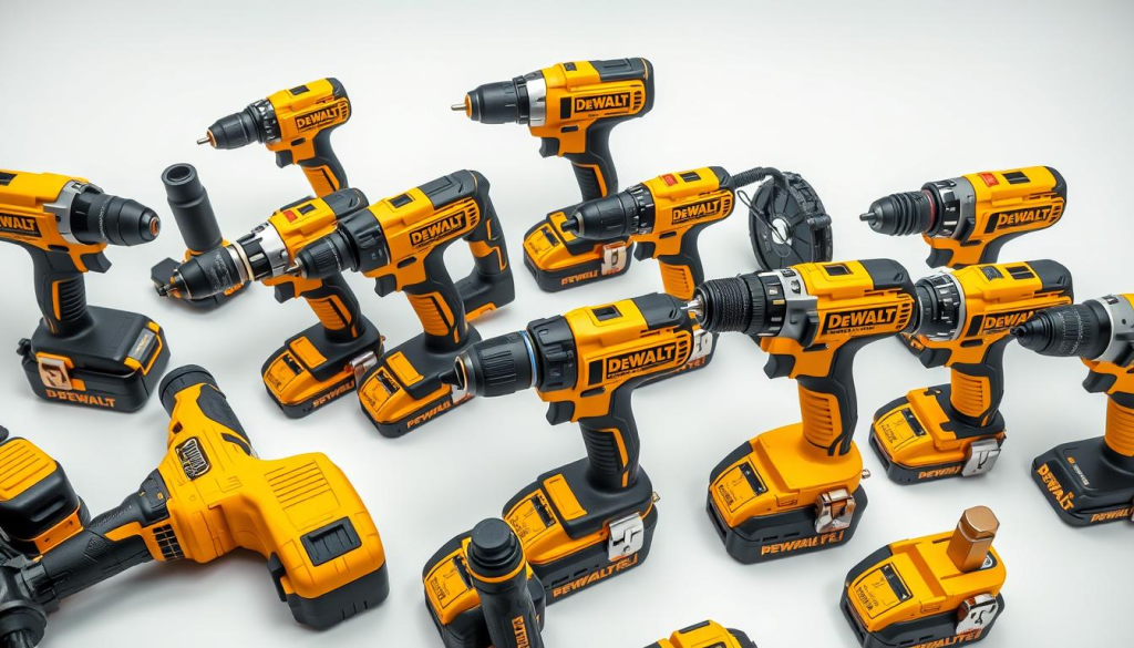 High-angle, macro view of an assortment of DeWalt power drill models, including corded and cordless drills, hammer drills, and rotary hammers, arranged on a clean, well-lit studio surface. The drills feature the distinctive DeWalt yellow and black color scheme, with their unique ergonomic designs and advanced features clearly visible. The image should convey a sense of technical precision and the quality craftsmanship of the DeWalt brand, highlighting the diverse range of drilling solutions they offer for professional and DIY use.