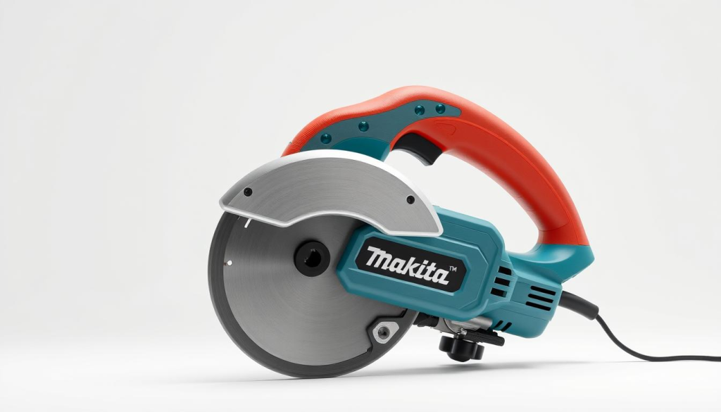 High-quality 3D render of the Makita drywall cutter, showcasing its key features in a clean, professional setting. Detailed view of the tool's body, blade, and adjustable depth gauge, set against a simple white background with soft, even lighting from the top. Crisp, well-focused angles highlight the cutter's ergonomic design, robust construction, and precision functionality. The image conveys a sense of reliable performance and quality craftsmanship, in line with the Makita brand identity.