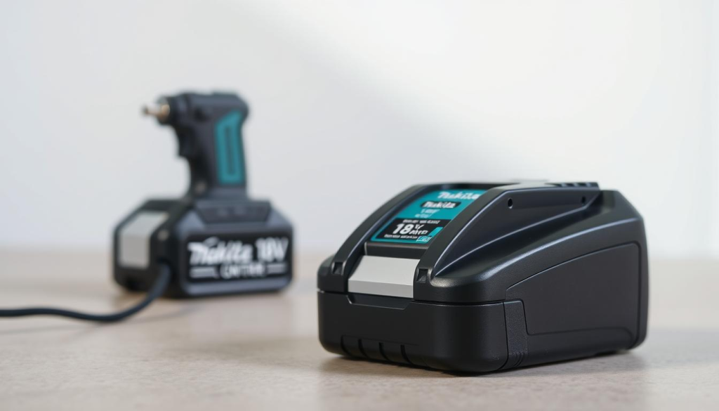 High-quality, detailed image of a Makita 18V battery and charger set against a clean, well-lit background. The battery and charger are placed in the foreground, showcasing their form and features in sharp focus. The middle ground features a neutral-colored, minimalist surface, allowing the products to stand out. The background is softly blurred, creating a sense of depth and emphasizing the main subject. Lighting is natural and evenly distributed, highlighting the textured surfaces and metallic accents of the battery and charger. The overall mood is professional, informative, and visually appealing, suitable for an article about choosing the right Makita 18V power tools.