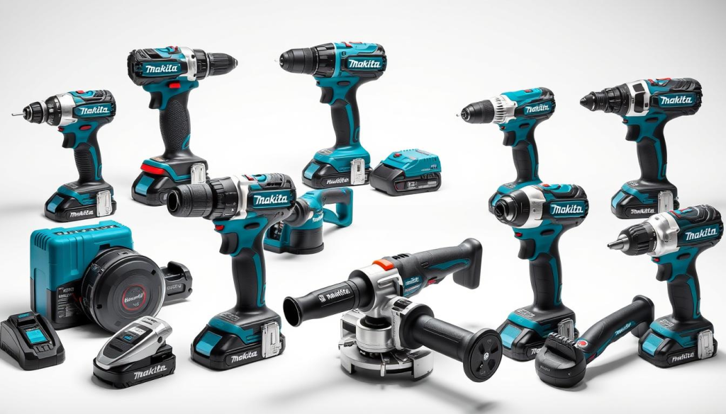 High-quality, detailed image of the latest Makita power tools, including cordless drills, angle grinders, reciprocating saws, and other innovative products. The tools are showcased in a well-lit, clean studio setting, captured from a three-quarter angle to highlight their sleek, modern designs. The lighting creates a professional, product-focused atmosphere, with subtle shadows and reflections that accentuate the tools' features. The background is a minimalist, neutral color that allows the Makita products to be the central focus. The composition is balanced and visually appealing, presenting the tools in a way that would be suitable for a "Buying Guide for Makita Tools" section of an article on the company's latest innovations.