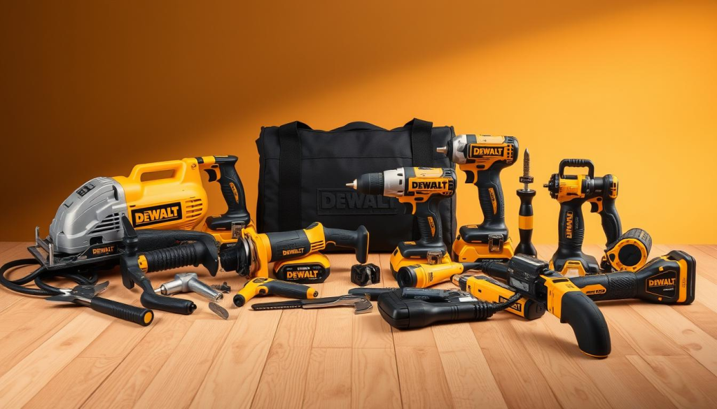 High-quality, genuine DEWALT power tools and hand tools neatly arranged on a wooden surface in a well-lit, softly-focused studio setting. The tools are meticulously detailed, with a clean, professional appearance that conveys their durability and quality. The lighting is warm and directional, creating subtle shadows and highlights that accentuate the tools' textures and branding. The background is a simple, uncluttered neutral tone, allowing the DEWALT tools to be the central focus. The overall composition is balanced and visually appealing, reflecting the reliability and trustworthiness of the DEWALT brand.