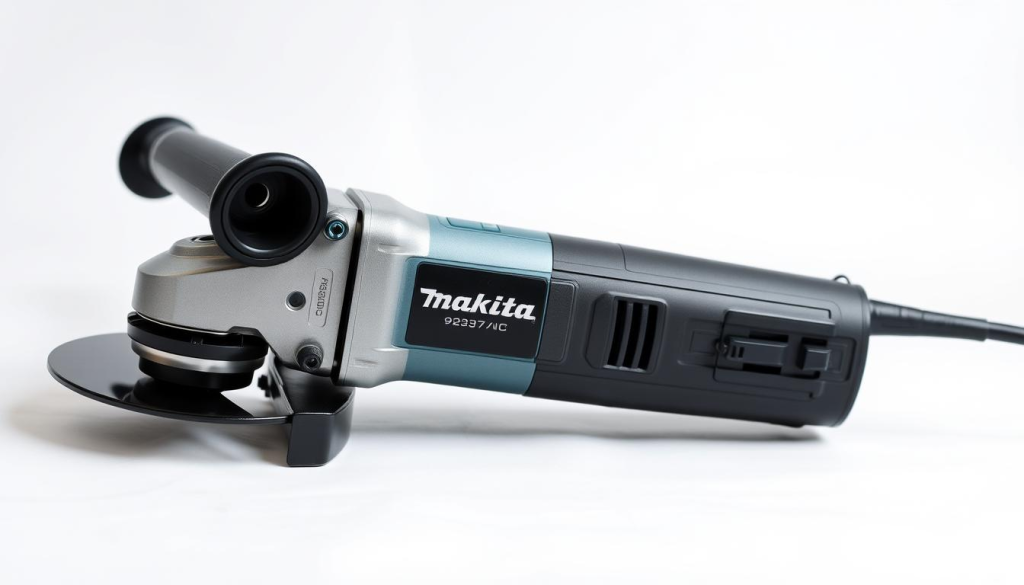 High-quality photograph of a Makita 9237C angle grinder in a well-lit professional studio setting, placed on a white seamless backdrop. The angle grinder is positioned at a 45-degree angle, showcasing its sleek and durable design. The lighting is soft and diffused, highlighting the metallic finish and various control buttons and switches. The image provides a clear and detailed view of the tool, allowing the viewer to examine its features and assess its capabilities. The overall composition is balanced and visually appealing, making it suitable for inclusion in a product comparison section of an article.