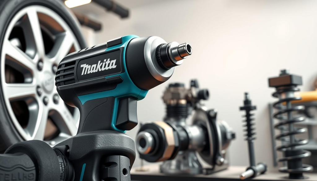 High-quality, realistic 3D render of a Makita 3/8 impact wrench being used to tighten various automotive components, such as a car tire, an engine bolt, and a suspension part. The wrench is shown in the foreground, with the work pieces in the middle ground, and a clean, well-lit workshop environment in the background. The lighting is natural and directional, casting dramatic shadows and highlights on the metallic surfaces. The composition emphasizes the versatility and power of the impact wrench, conveying its usefulness for a wide range of automotive repair and maintenance tasks.