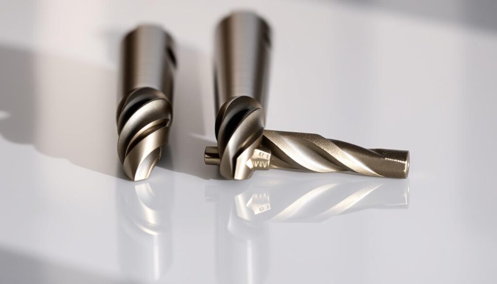 High-resolution close-up photograph of two DeWalt drill bits and one Milwaukee drill bit arranged neatly on a clean, reflective surface. The bits are well-lit from multiple angles, creating distinct shadows and highlights that emphasize their metallic textures and intricate designs. The lighting is soft and diffused, creating a professional, product-focused aesthetic. The depth of field is shallow, keeping the bits in sharp focus while the background is pleasantly blurred. The composition is balanced and symmetrical, showcasing the compatibility and contrast between the DeWalt and Milwaukee bits.