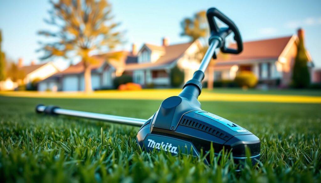 High-resolution, detailed image of the best Makita weed trimmer. The trimmer is the central focus, sitting on a lush green lawn in the foreground. The trimmer has a sleek, modern design with the Makita logo prominently displayed. The background features a blurred, picturesque suburban setting with houses, trees, and a clear blue sky. Warm, natural lighting illuminates the scene, creating a pleasant, inviting atmosphere. The image captures the power, reliability, and ease of use that the Makita weed trimmer offers for effortless lawn care.