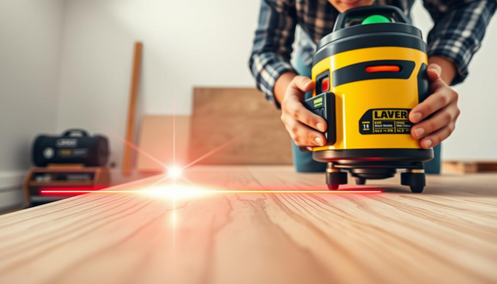 Highly detailed and photorealistic image of a laser level tool in use, showcasing its precision and accuracy. A foreground perspective of the laser level device emitting a bright, crisp laser beam that projects a perfectly straight, thin line across a wooden surface. The middle ground features the user's hands carefully positioning the level, with a focused expression. The background is a minimalist workspace setting with a clean, bright lighting that emphasizes the clarity and sharpness of the laser line. The image conveys a sense of effortless, professional-grade accuracy and efficiency, perfectly capturing the advantages of using a laser level over traditional tools.