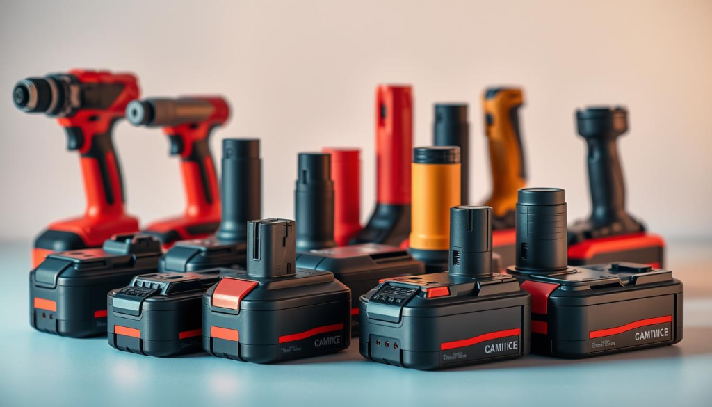 Interchangeable power tool batteries, arranged in a visually striking display. Sleek, cylindrical forms in various colors, reflecting warm studio lighting. The batteries are presented against a clean, minimalist background, allowing their technical details and interoperability to take center stage. The overall composition emphasizes the versatility and compatibility of these power sources, hinting at the wide range of applications and tools they can power. The image conveys a sense of modern, efficient design - a visual representation of the "Alternative Battery Solutions" concept.