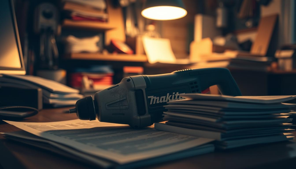 Makeshift home office, a well-worn Makita power tool resting on a desk, partially obscured by a stack of documents and warranty papers. Warm, focused lighting illuminates the scene, casting dramatic shadows. In the background, a blurred view of a workshop or garage, tools and materials hinting at the tool's past uses. The overall mood is one of contemplation, as the owner navigates the warranty claim process, seeking to protect their investment and restore the tool to full functionality.