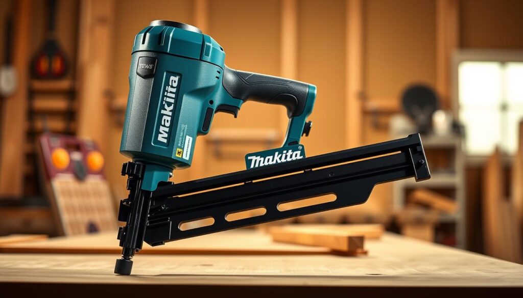 Makita 18V Framing Nailer, a sleek and powerful cordless tool, captured in a well-lit studio setting. The nailer is positioned prominently in the foreground, showcasing its robust build and ergonomic design. The middle ground features a workbench with woodworking accessories, hinting at the tool's intended use in professional carpentry. The background is softly blurred, maintaining focus on the nailer's details, such as the Makita branding, trigger mechanism, and magazine. The lighting is warm and directional, creating subtle shadows that accentuate the tool's contours and texture. The overall mood conveys the reliability and precision that the Makita 18V Framing Nailer offers for high-quality carpentry projects.
