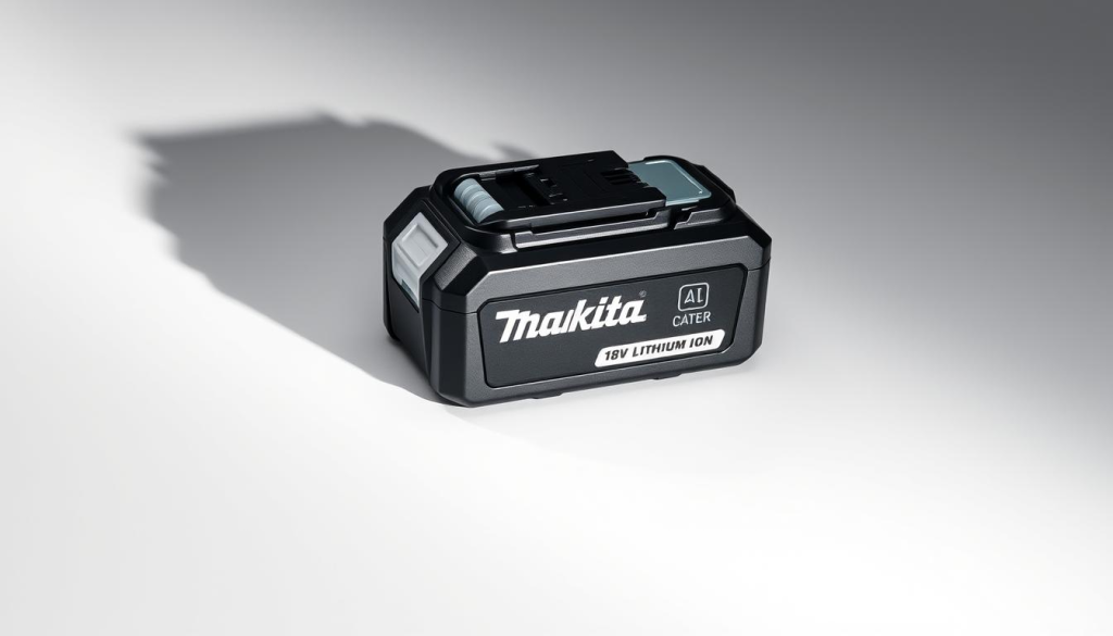 Makita 18V Lithium-Ion Battery, meticulously crafted with high-capacity cells, resting on a sleek, matte black surface. The battery's bold, angular design exudes power and durability, casting strong, dramatic shadows that suggest its impressive performance capabilities. Soft, diffused lighting illuminates the battery's textured surface, highlighting the precision engineering and attention to detail. The background is a clean, minimalist studio setting, allowing the battery to take center stage and showcase its technological prowess, perfectly complementing the "Types of Makita 18V Batteries" section of the article.