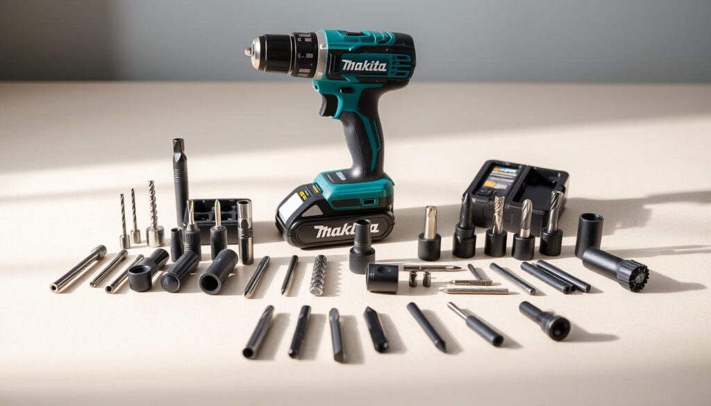 Makita 18V drill accessories, neatly arranged on a clean, neutral surface with soft, natural lighting. In the foreground, various drill bits, driver bits, and attachments are displayed with precise details, showcasing their quality and versatility. In the middle ground, a Makita 18V cordless drill takes center stage, its sleek design and robust construction emphasized. The background features a simple, uncluttered setting, allowing the tools to be the focal point. The overall atmosphere conveys a sense of professionalism, functionality, and the high-performance capabilities of the Makita power tool system.