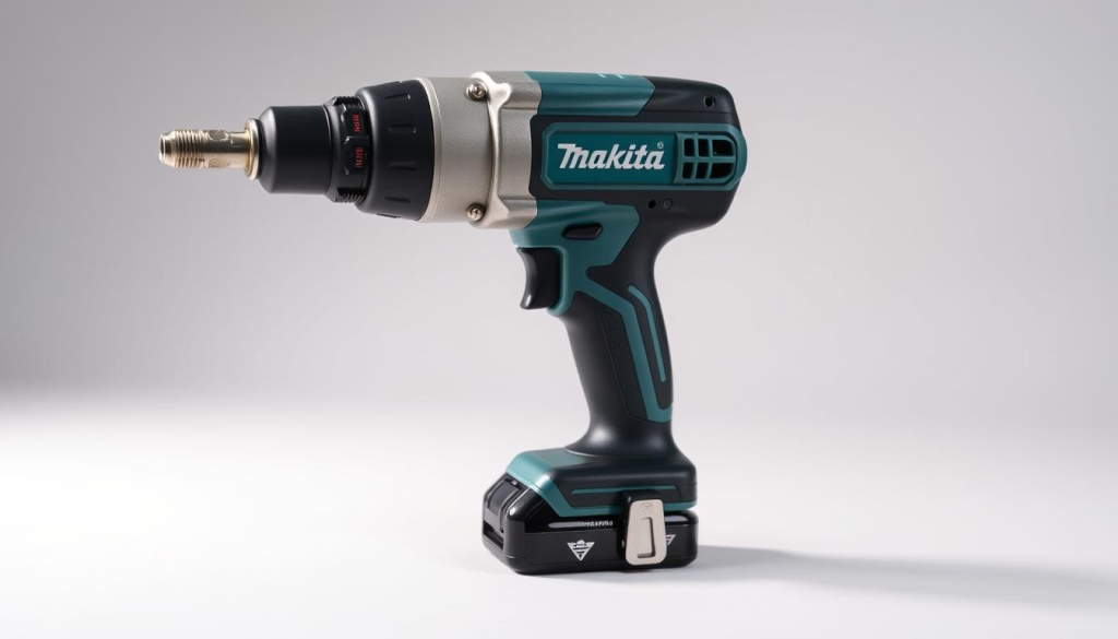 Makita 3/8 impact wrench features: A high-quality power tool with a sturdy metal body, prominently displayed in a well-lit studio setting. The wrench's key components are visible, including the durable chuck, powerful impact mechanism, and ergonomic grip. The lighting accentuates the tool's sleek, professional design and metallic finishes, creating a sense of precision and reliability. The background is a neutral, minimalist backdrop, allowing the impact wrench to be the central focus, showcasing its key features in a clear, informative manner.