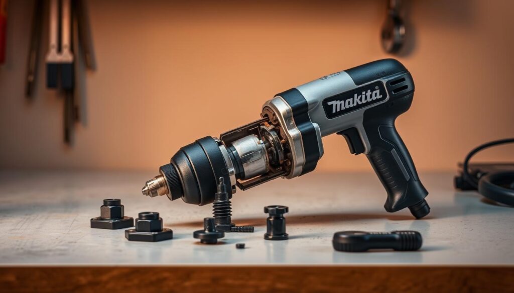 Makita 3/8 impact wrench on a clean, well-lit workbench. Wrench disassembled, components neatly arranged, showcasing internal mechanisms. Warm, focused lighting illuminates the intricate details. Muted, neutral background allows the tool to be the focal point. Conveys a sense of care, maintenance, and understanding the inner workings of the device. Inspires confidence in the user's ability to properly service and preserve the longevity of the Makita impact wrench.